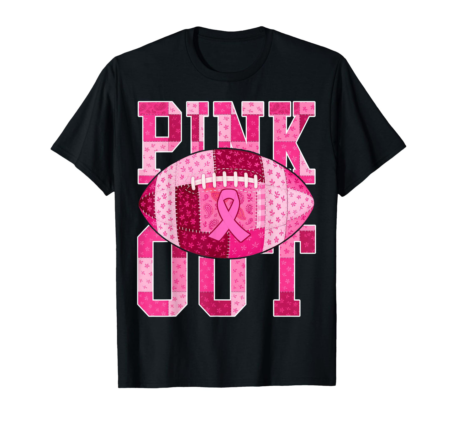 Pink Out Tackle Breast Cancer Awareness Football Patchwork T-Shirt