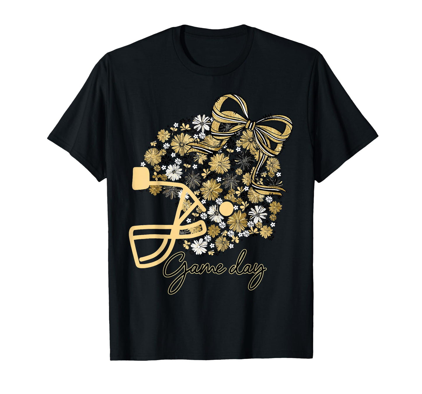 Floral Football Game Day Girly Bow Team Spirit Black & Gold T-Shirt