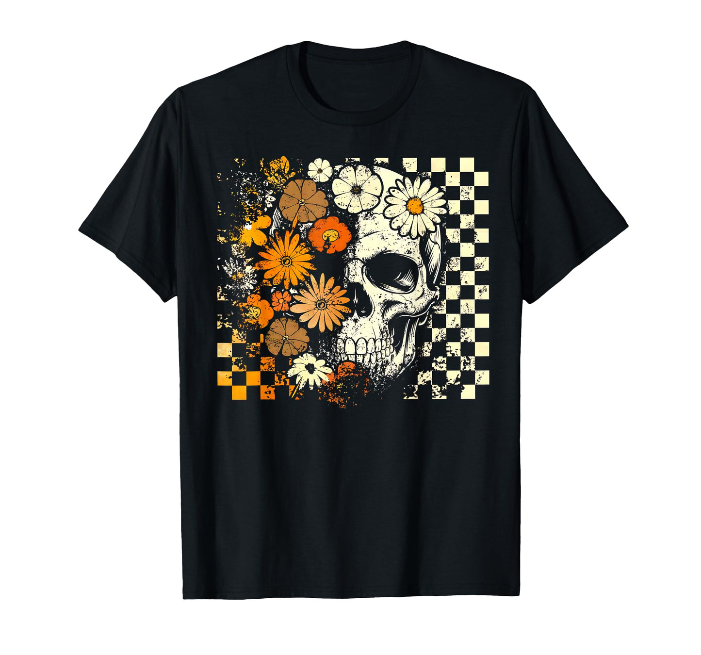 Checkered Boho Floral Skull Halloween Girl Women T-Shirt