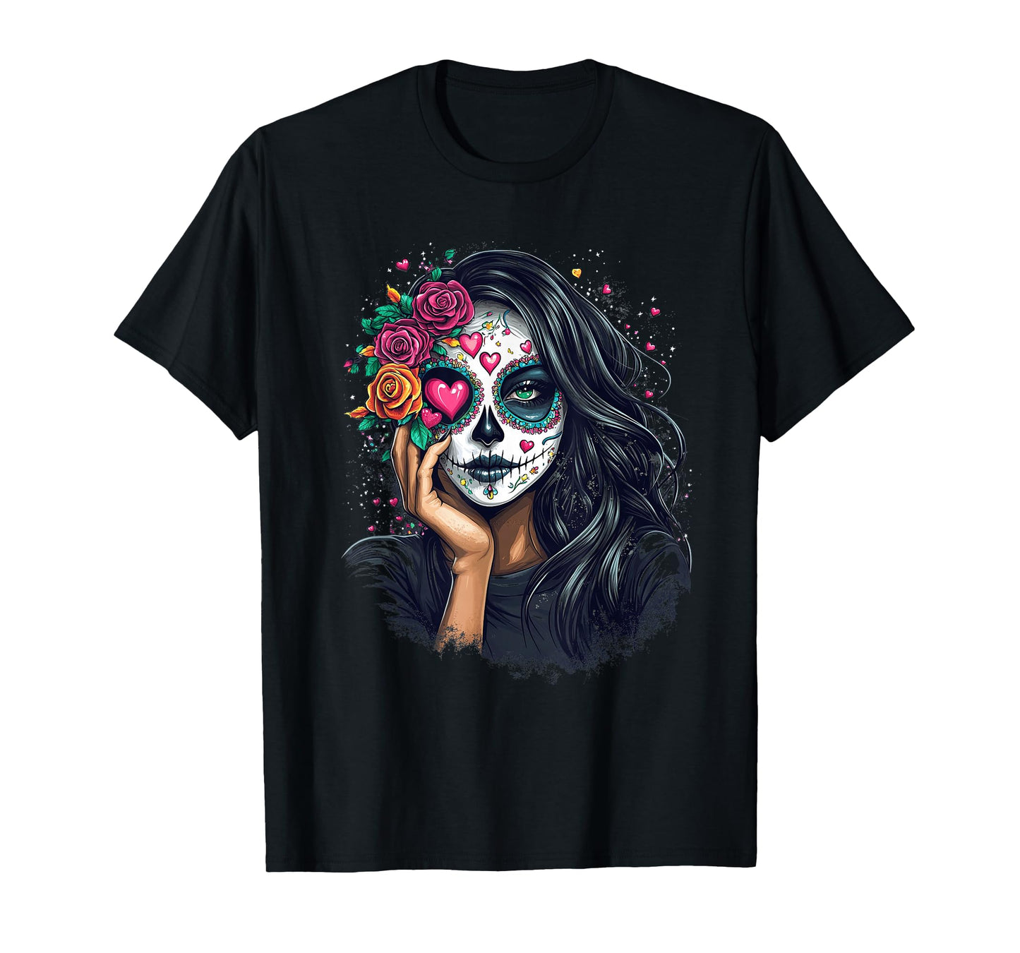 Floral Mexican Day of the Dead Dia De Muertos Heart Women T-Shirt