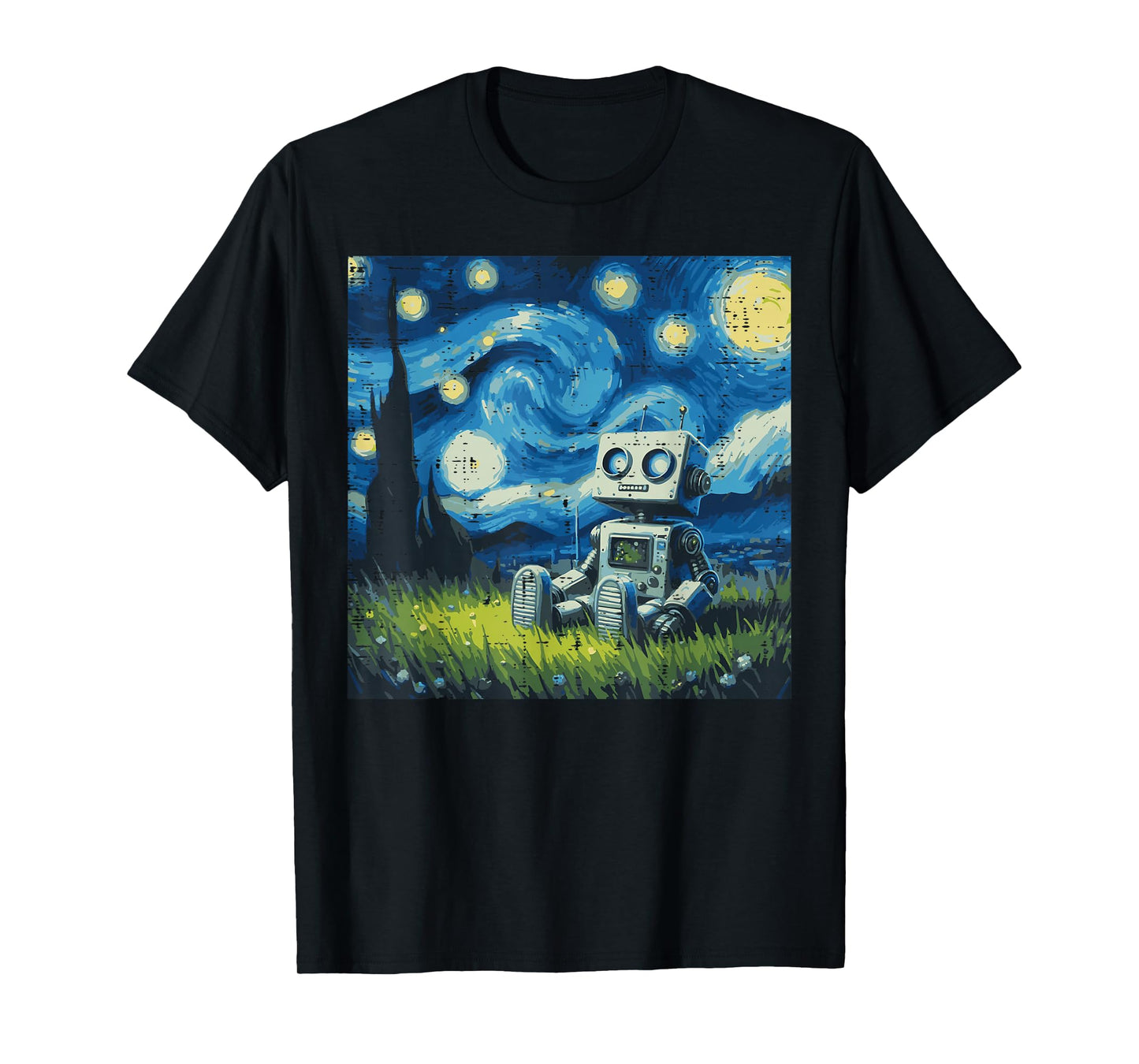 Starry Night Robot Funny Painting Art Meme Kids Men Women T-Shirt