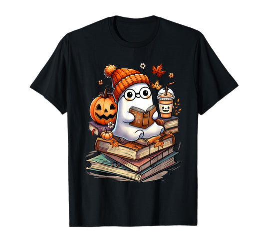 Cute Ghost Reading Book Lovers Autumn Fall Halloween Ghost T-Shirt