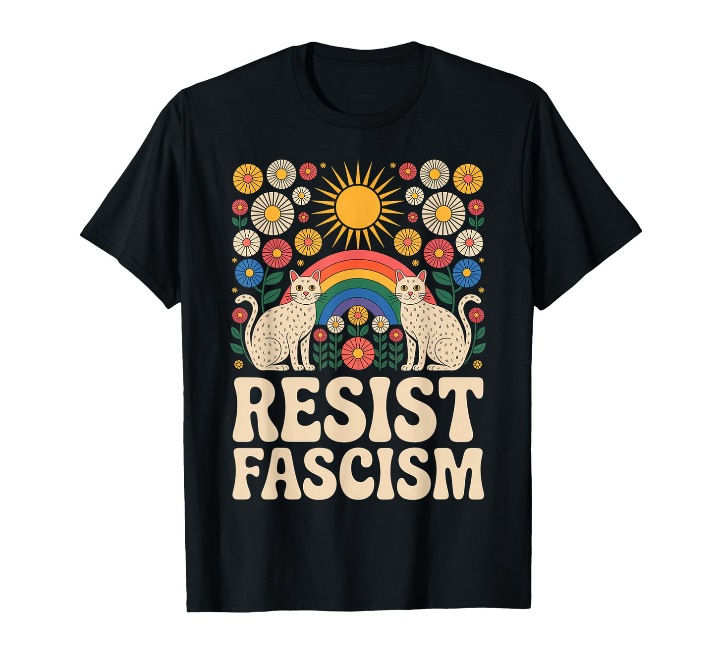 Cats Resist Fascism Retro Groovy Rainbow No Kings Hippie T-Shirt