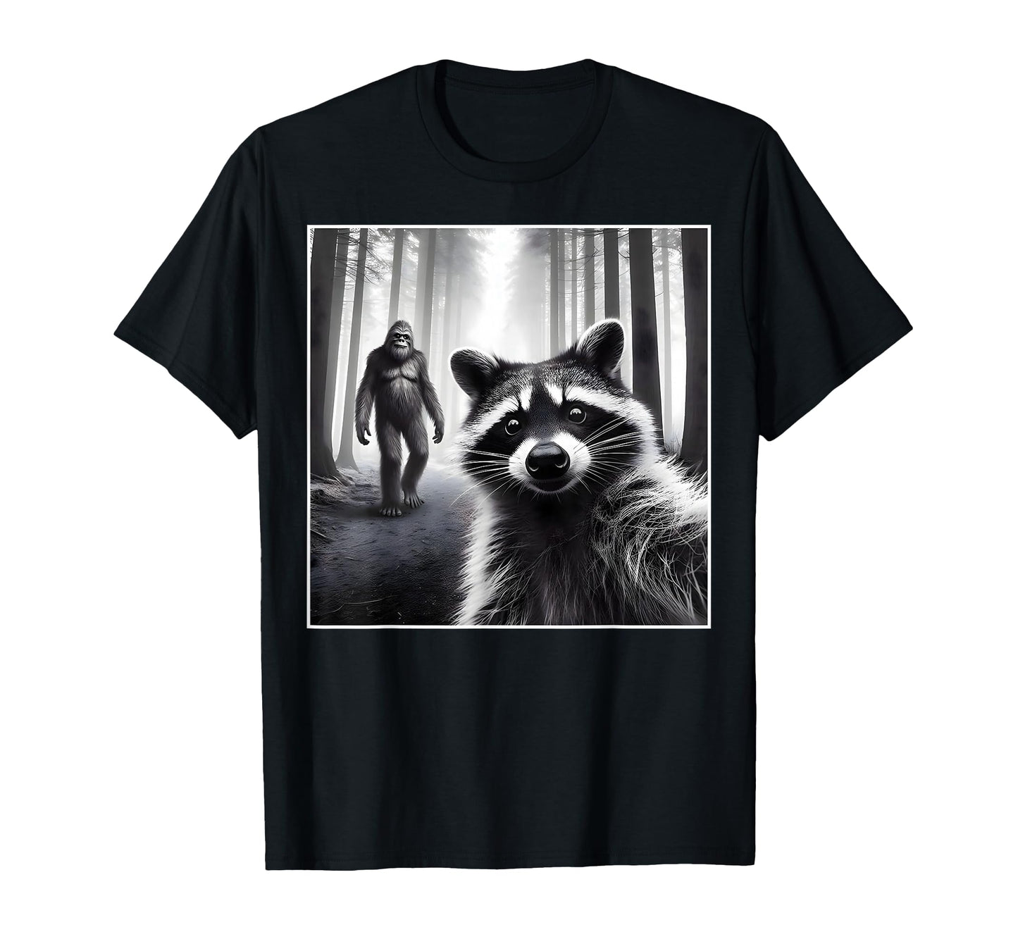 Scared Raccoon Selfie With Sasquatch Bigfoot Funny Raccoon T-Shirt
