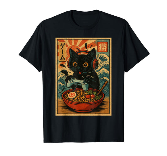 Cute Kawaii Gamer Cat Funny Ramen Retro Japanese Cat Gaming T-Shirt