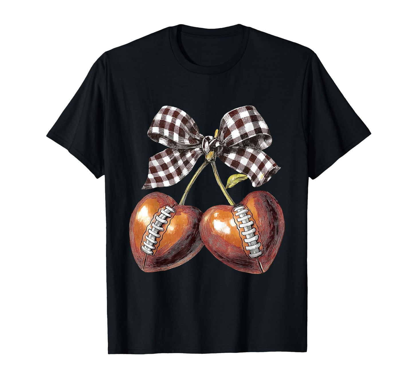 Retro Checkered Funny Cherry Football Game Day Coquette Bow T-Shirt