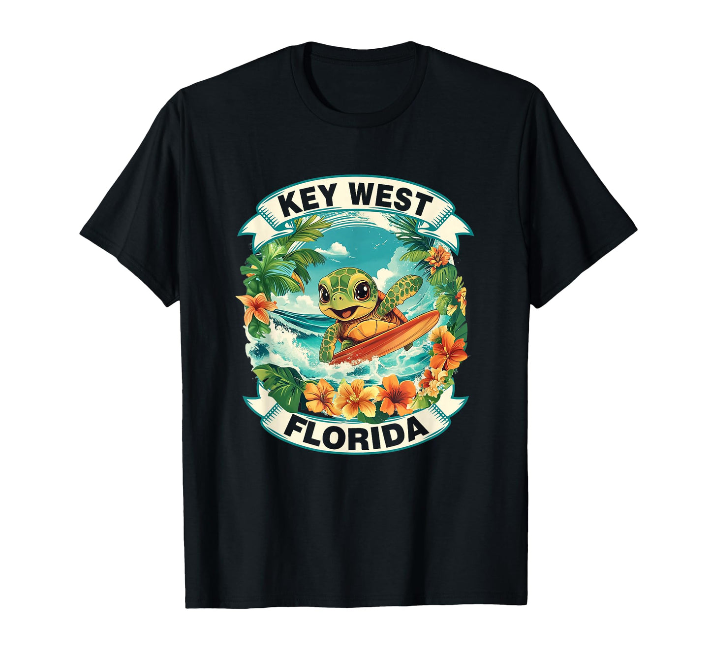 Key West Florida Cute Sea Turtle Surfing Summer Vacation T-Shirt