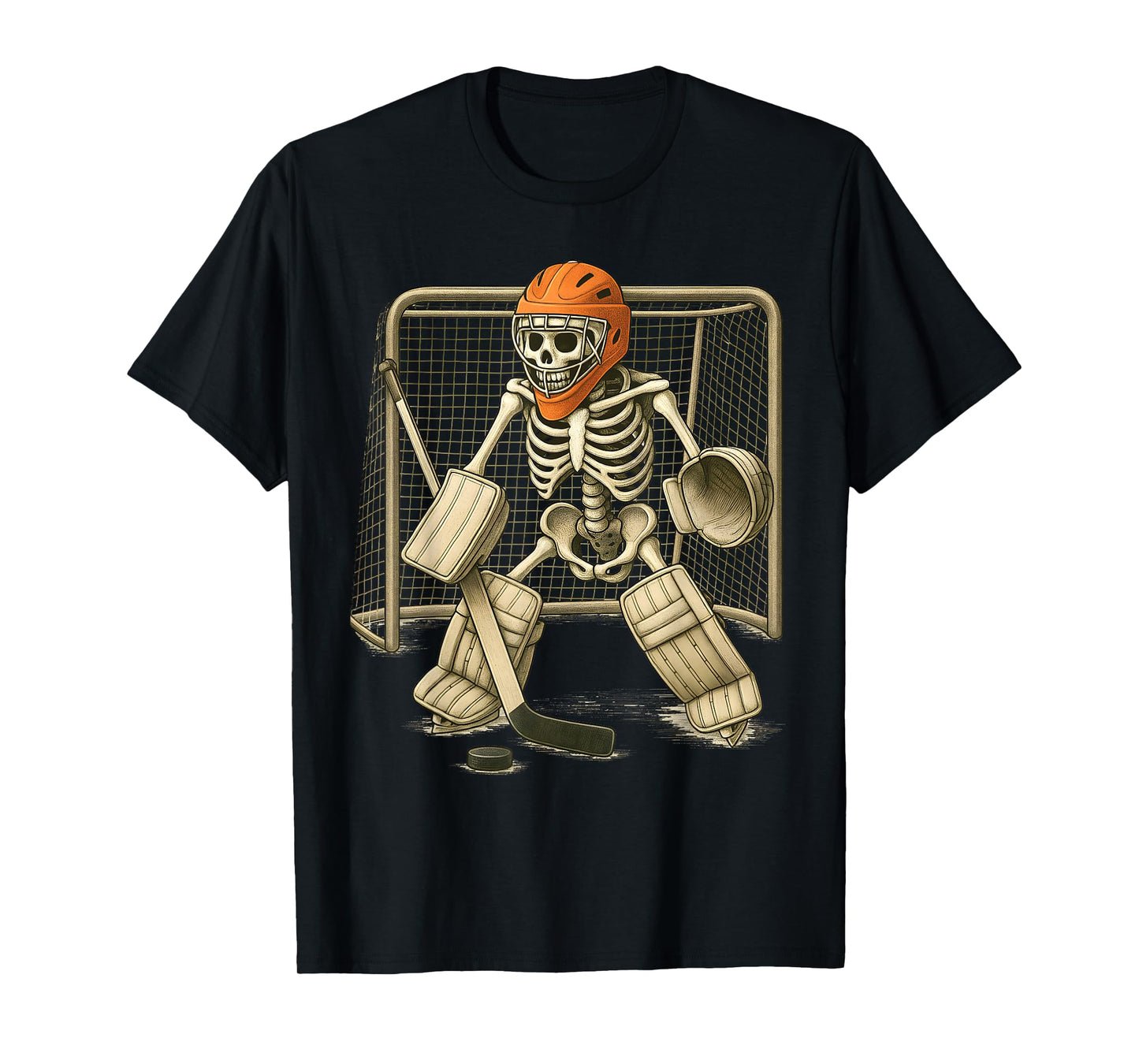 Skeleton Playing ice Hockey Goalie Player Halloween Costume T-Shirt