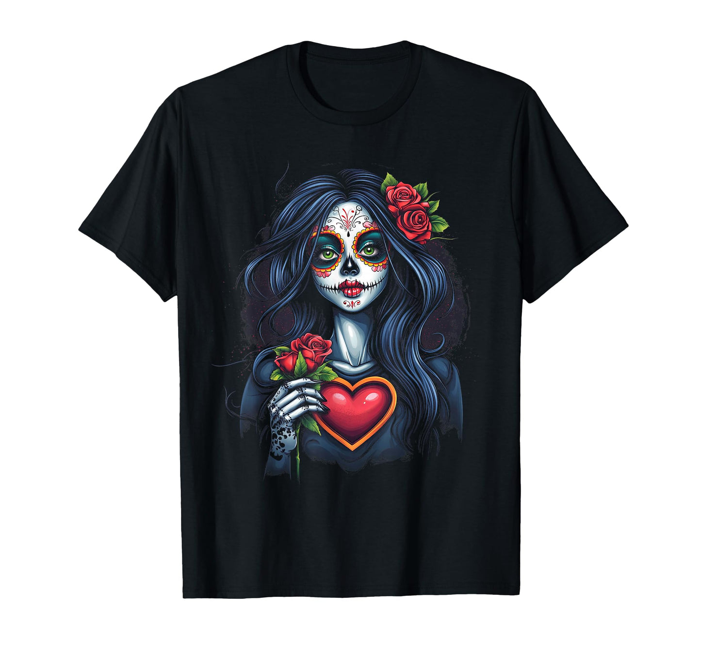 Floral Mexican Day of the Dead Dia De Muertos Heart Women T-Shirt