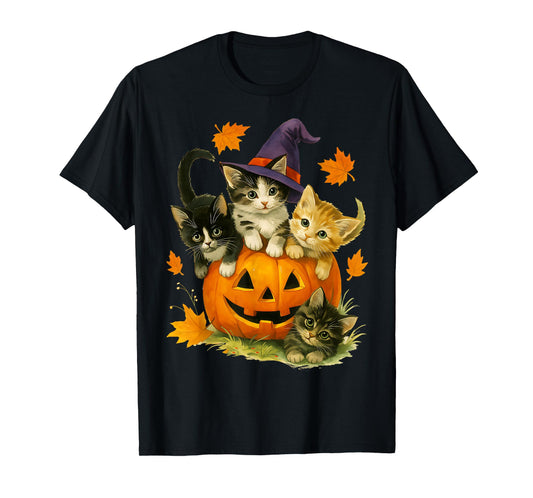 Cute Cat Pumpkin Halloween Spooky Season Vintage T-Shirt