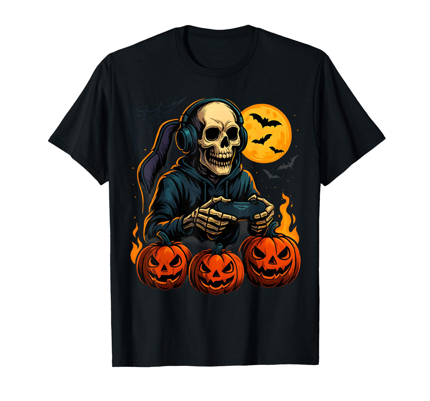 Halloween Skeleton Gamer with Pumpkins Controller for Kids T-Shirt