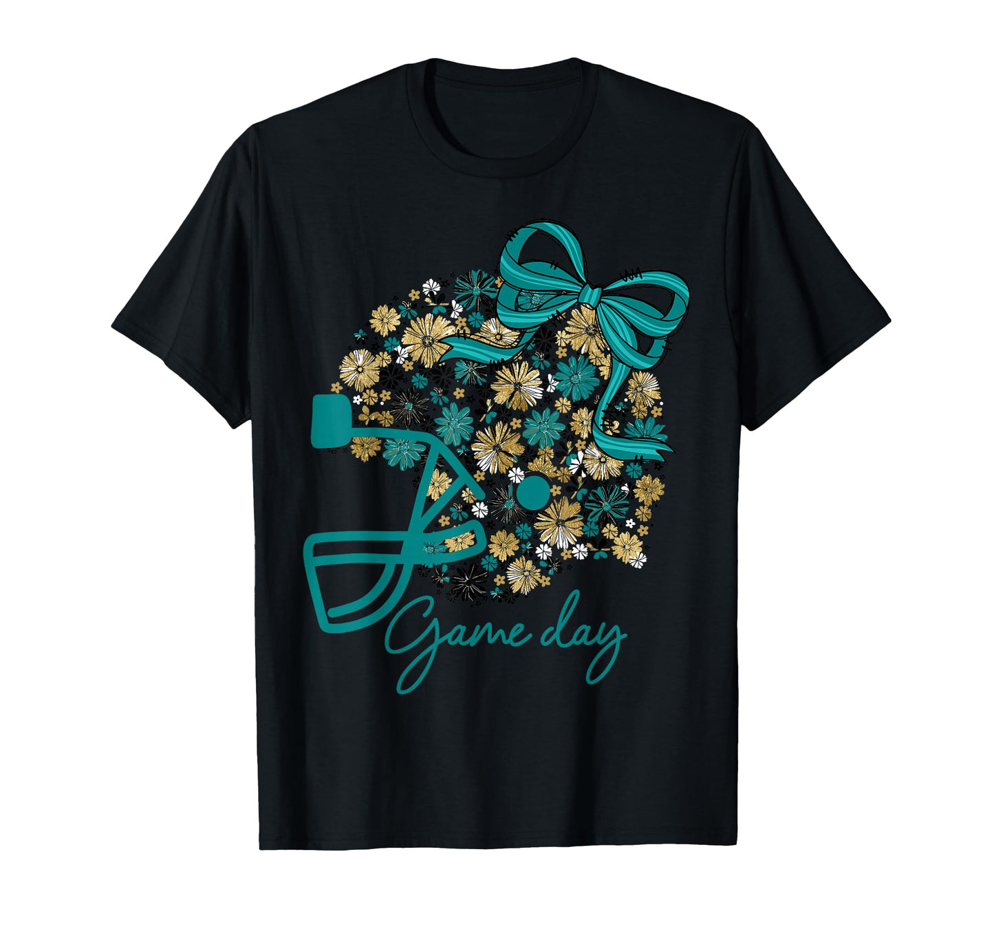 Floral Football Game Day Girly Team Spirit Black Teal & Gold T-Shirt