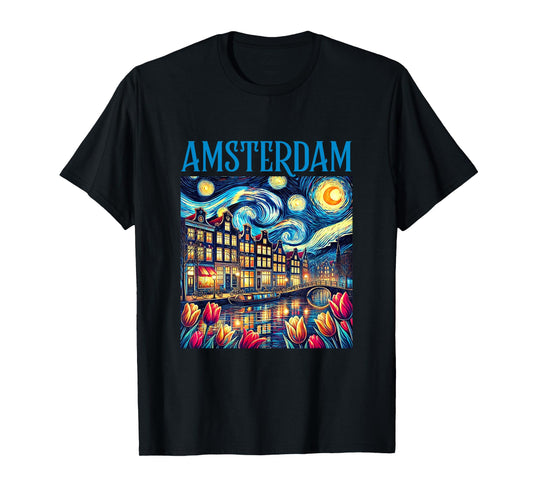 Amsterdam In Starry Night Van Gogh Style Graphic T-Shirt
