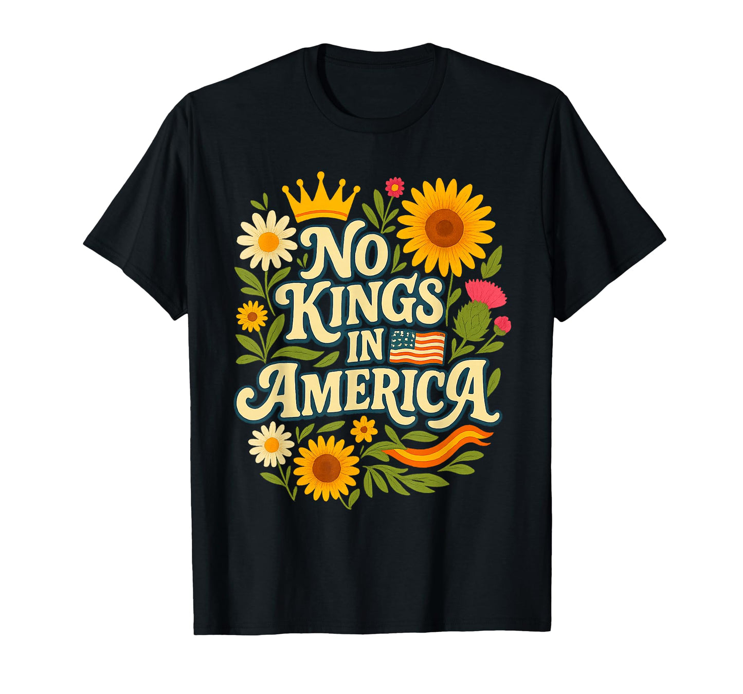 No Kings Retro Patriotic Flower Womens T-Shirt