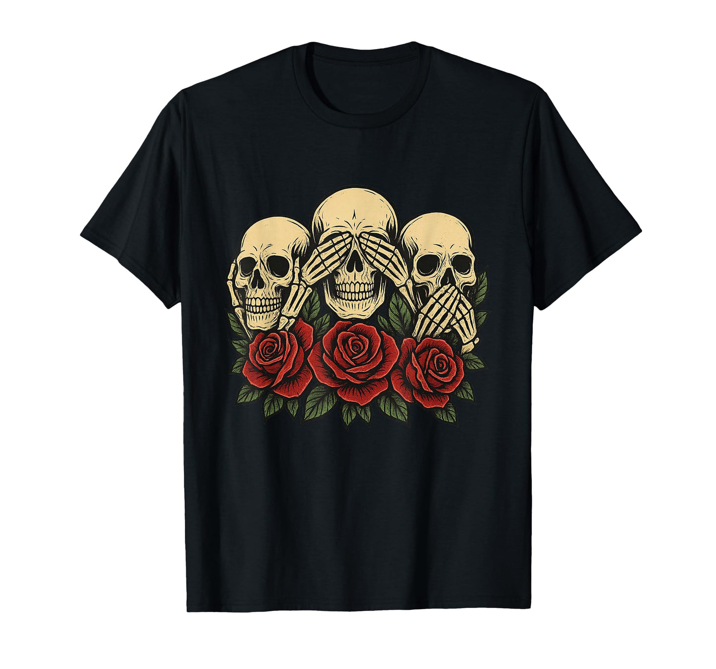 See No Evil Hear No Evil Speak No Evil Skeleton Skull Roses T-Shirt