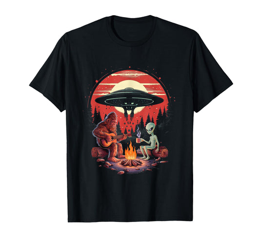 Alien And Bigfoot Campfire Sasquatch UFO For Outdoor Lovers T-Shirt