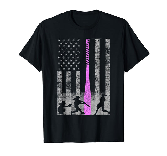 American Softball Flag T-Shirt - Players and Pink Bat T-Shirt