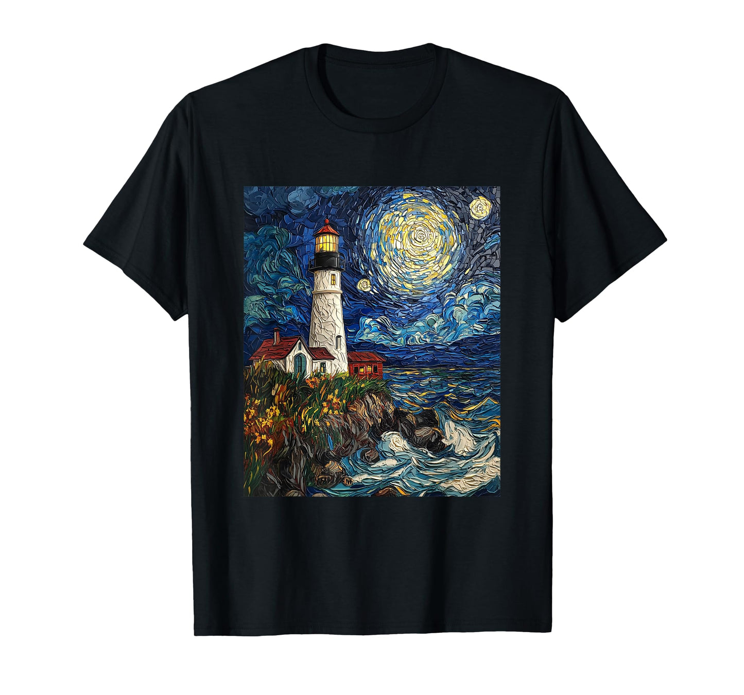 Lighthouse Sea Graphic - Van Gogh Style - Starry Night T-Shirt