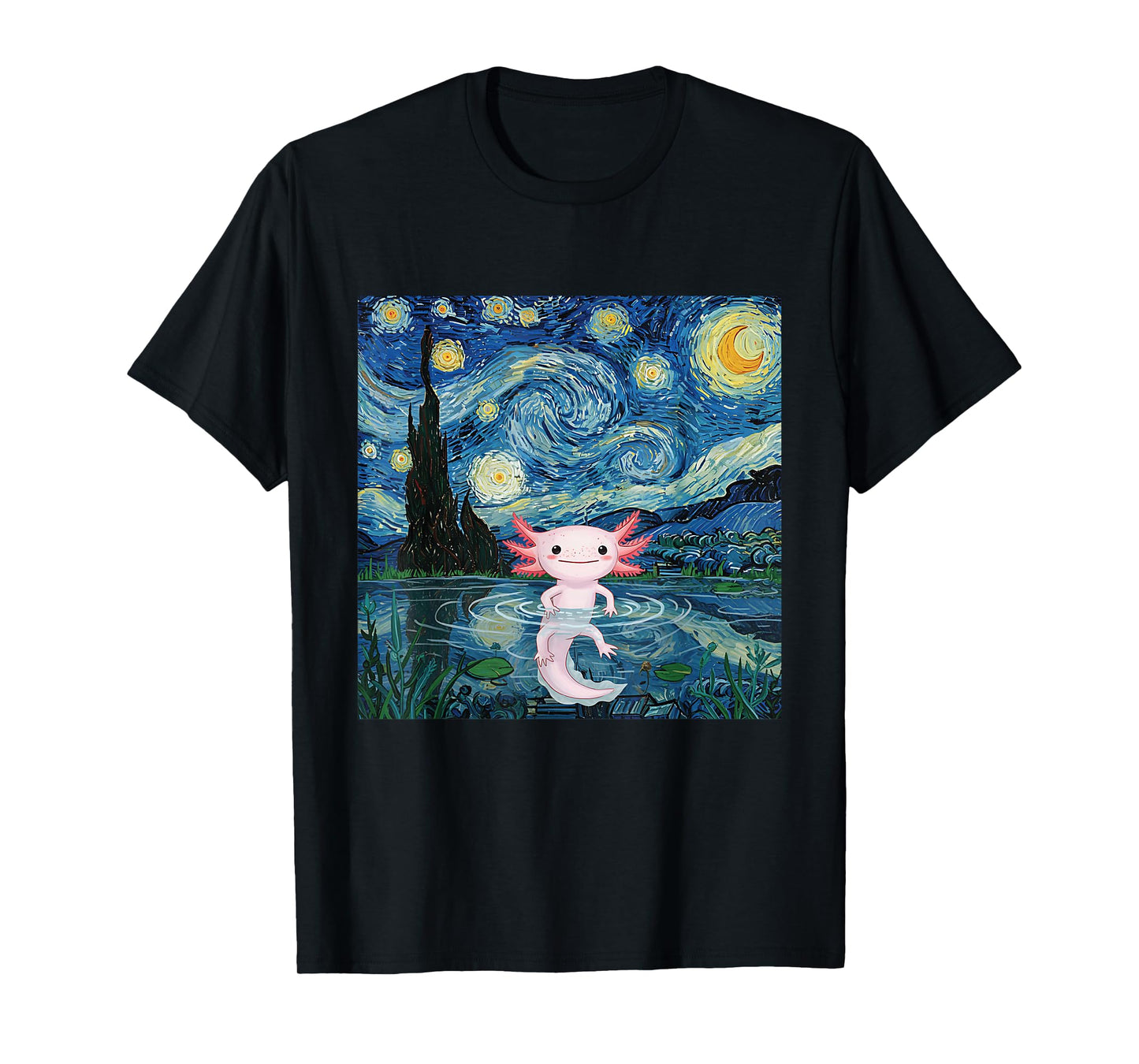 Adorable Axolotl Kawaii Van Gogh Style Starry Night Graphic T-Shirt