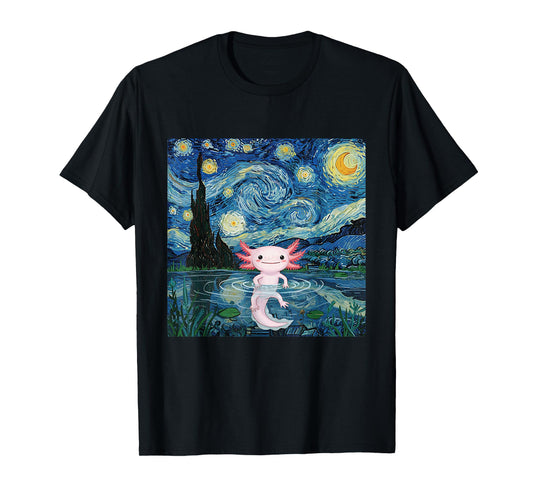 Adorable Axolotl Kawaii Van Gogh Style Starry Night Graphic T-Shirt