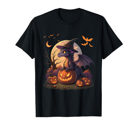 Cute Halloween Dragon Witch Hat Pumpkin Moon Fantasy T-Shirt