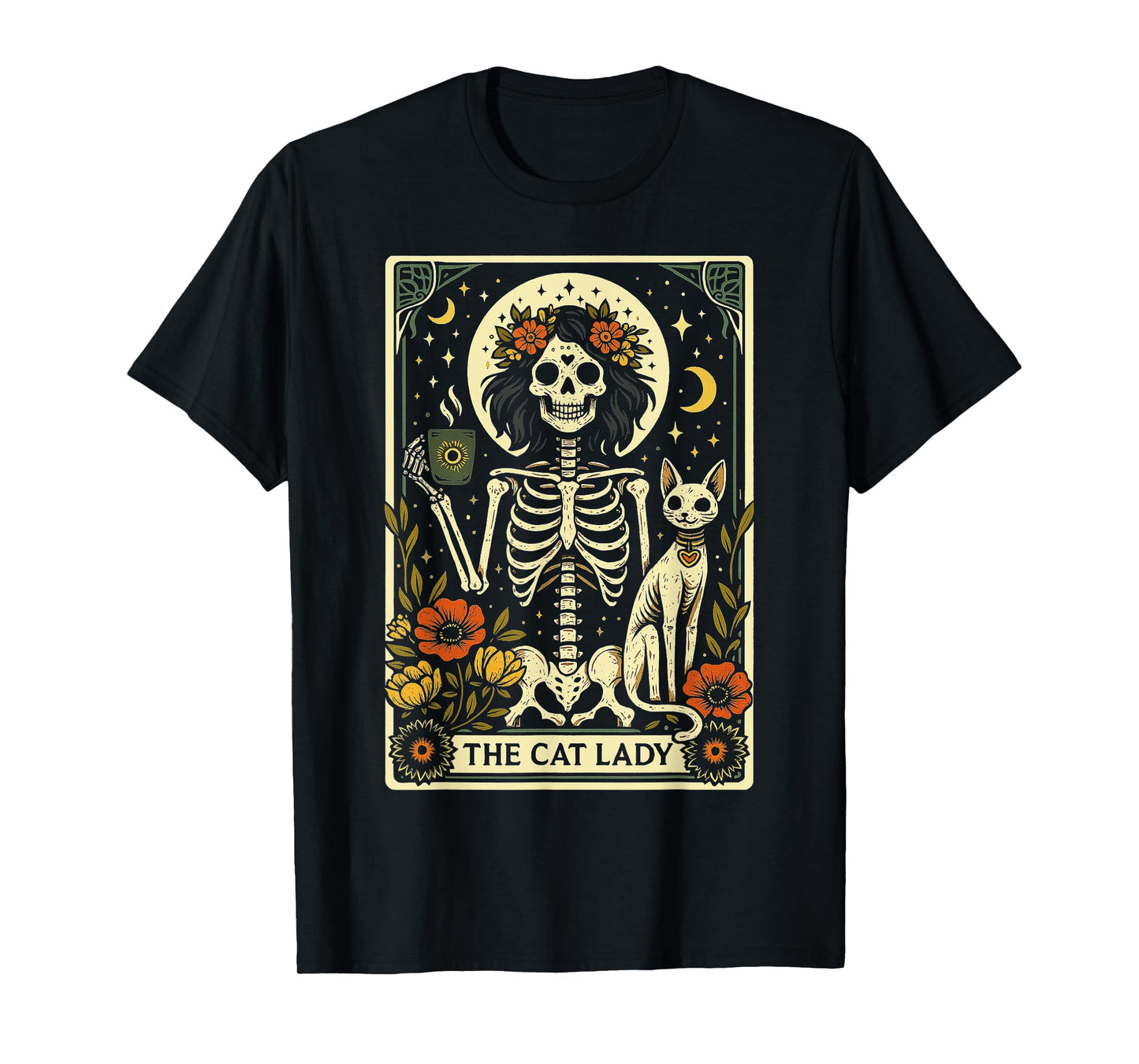 Mystic Skeleton The Cat Lady With Coffee Tarot Card Vibes T-Shirt