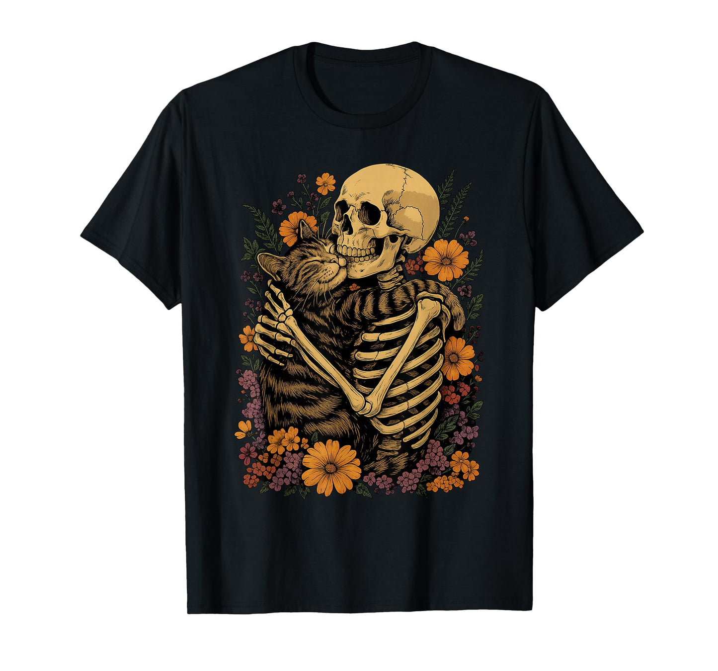 Skeleton Hugging Cat Floral Halloween Cats Lover T-Shirt