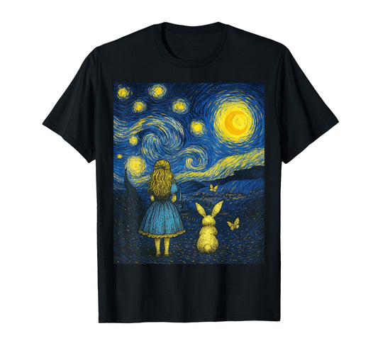 Alice in Wonderland Meets Starry Night Van Gogh Art Mashup T-Shirt