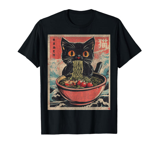 Anime Shirt For Men Women Kids Cat Ramen Noodles Unisex Anime Cat Ramen Japanese Funny Graphic Tees Kawaii Cat Anime Gifts T-Shirt Black XS